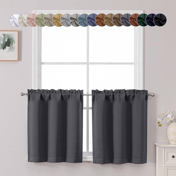 Chyhomenyc Charcoal Grey Short Blackout Curtains 24 Inch Length, Small Kitchen by Chyhomenyc