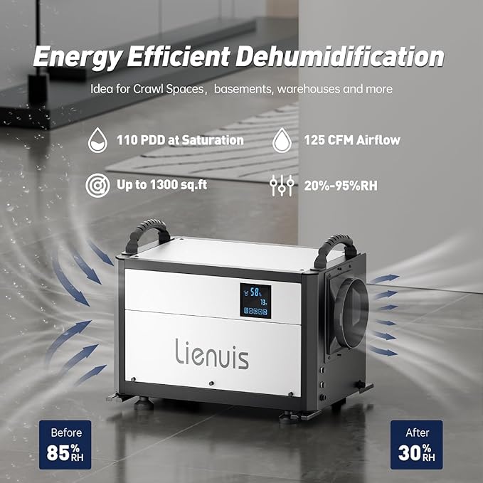 Crawl Space Dehumidifier with Drain Hose, 110 Pint Commercial Dehumidifier - Image 2