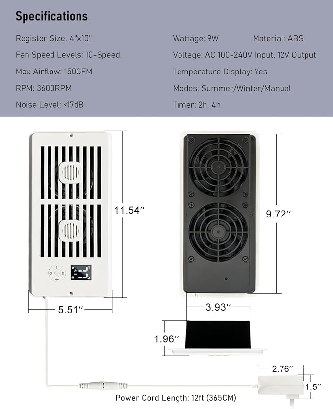 Smart Register Booster Fan for 4" x 10" Vents, Quiet 10-Speed AC Heating - Image 7