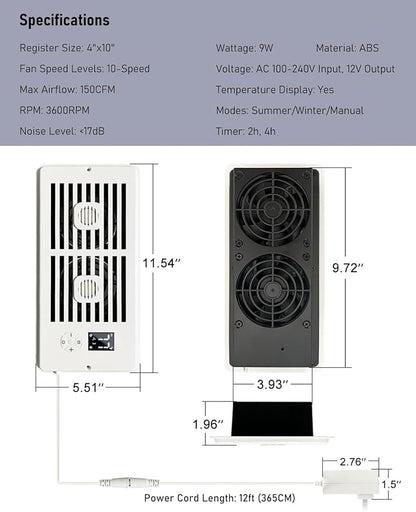 Smart Register Booster Fan for 4" x 10" Vents, Quiet 10-Speed AC Heating - Image 7