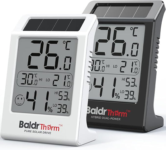 BaldrTherm Room Thermometer Indoor Humidity Meter, Solar-Powered 3.2'' Large by BaldrTherm
