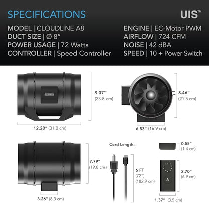 AC Infinity CLOUDLINE A8, Quiet 8" Inline Duct Fan - Image 6