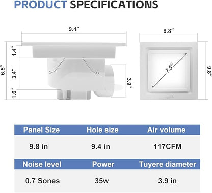 Bathroom Exhaust Fan with Light, 9.8 in Panel, 6000K 12W Square LED, 117CFM 0.7 - Image 2