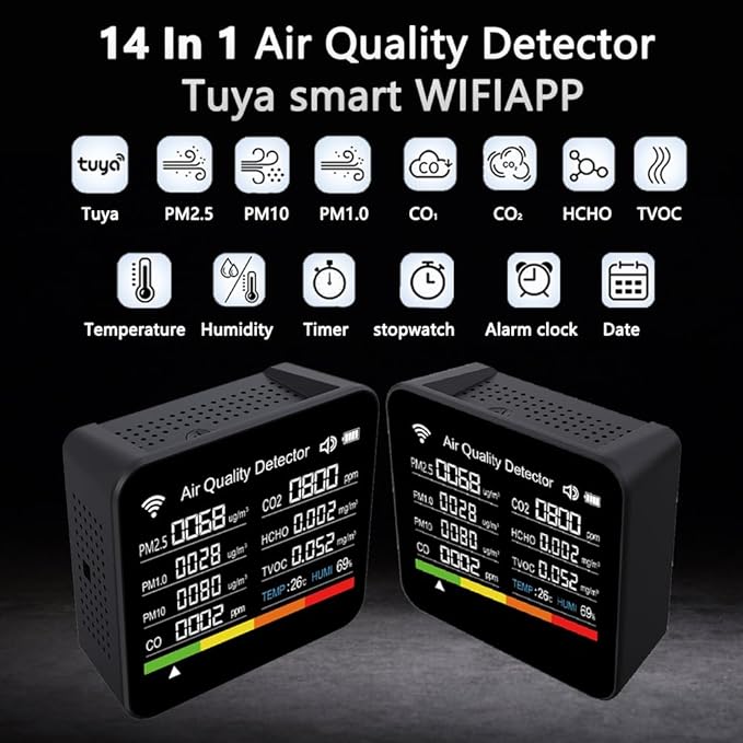 14-in-1 Air Quality Monitor, Indoor Temperature Sensors, Detect - Image 3