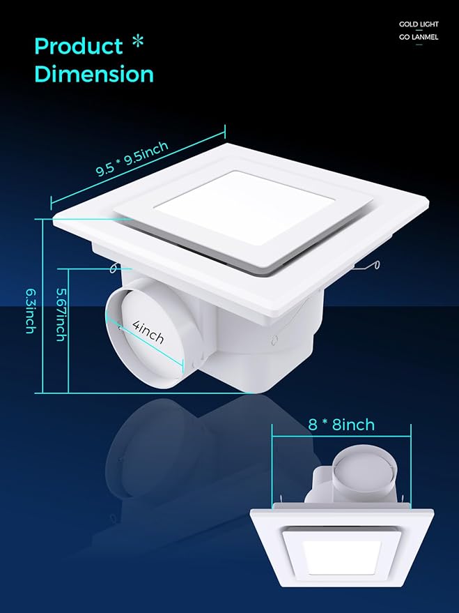 Bathroom Exhaust Fan with Light, 112 CFM 1.0 Sones, Quiet Square Bath Fan Light - Image 7