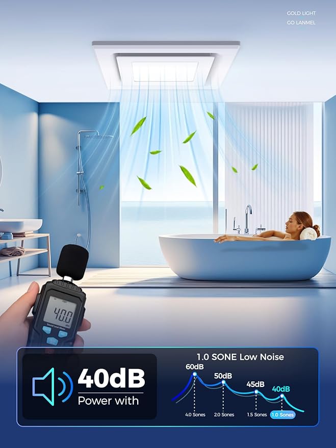 Bathroom Exhaust Fan with Light, 112 CFM 1.0 Sones, Quiet Square Bath Fan Light - Image 3