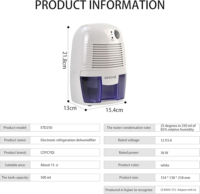 Small Dehumidifier, 12V3A adapter，1200 Cubic Feet Portable Mini Dehumidifier - Image 6