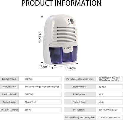 Small Dehumidifier, 12V3A adapter，1200 Cubic Feet Portable Mini Dehumidifier - Image 6