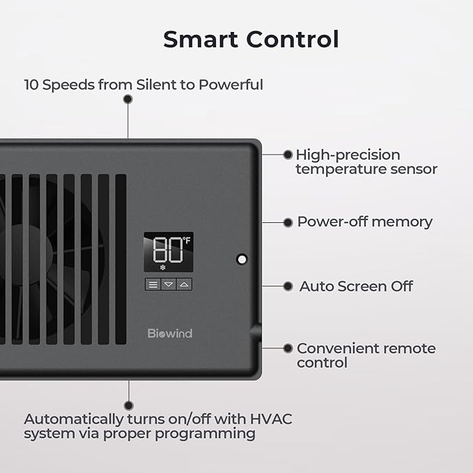 Quiet Register Booster Fan Fits 4" x 12" Register Holes, 10-Speed Smart Heating - Image 4