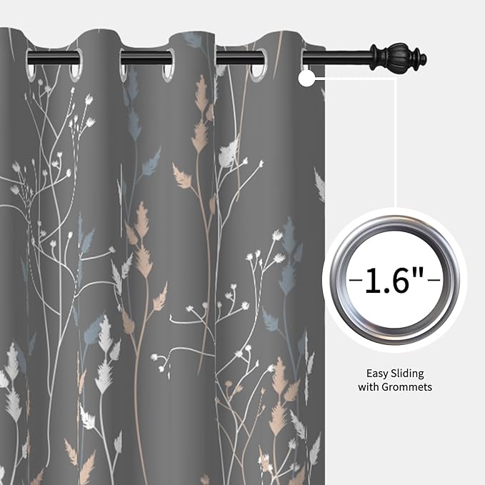 Gray-Blue Leaves Blackout Curtains 84 Inches, Room Darkening Curtains - Image 6