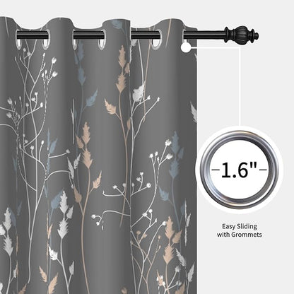 Gray-Blue Leaves Blackout Curtains 84 Inches, Room Darkening Curtains - Image 6