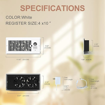 4"x10" Vent Register Booster Fan, Strong Steel Panel, Ultra-Quiet, Built-In - Image 5