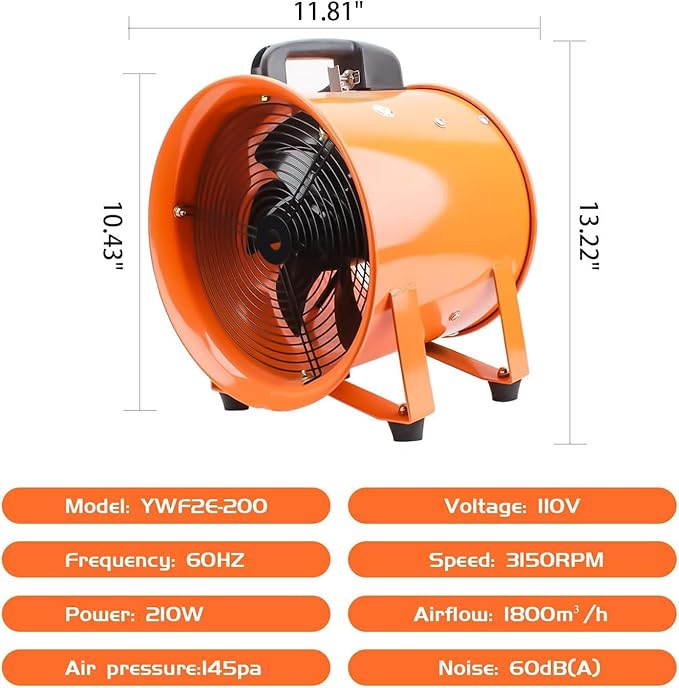 8-Inch High-Velocity Portable Utility Blower Fan, Industrial Exhaust Fan - Image 3
