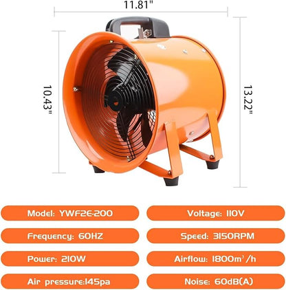 8-Inch High-Velocity Portable Utility Blower Fan, Industrial Exhaust Fan - Image 3