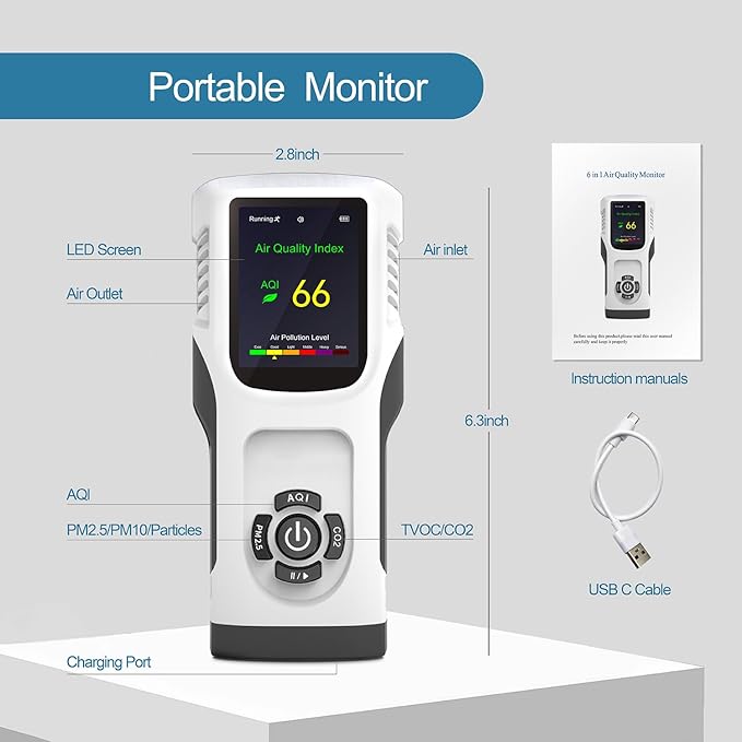 6-in-1 Air Quality Monitor Indoor CO2 Monitor, 3000mAh AQI TVOC Air Quality - Image 6