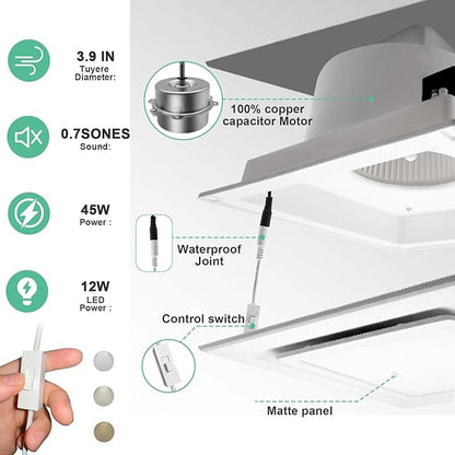 Bathroom Exhaust Fan with Light, 11.8 in Panel, 12W Square LED, 141 CFM - Image 3