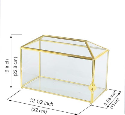 Glass Wedding Card Box with Slot, 12.6 inch Large Clear Card Box Gold Brass - Image 7