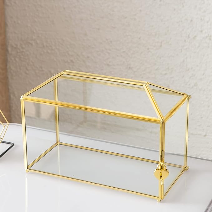Glass Wedding Card Box with Slot, 12.6 inch Large Clear Card Box Gold Brass - Image 6