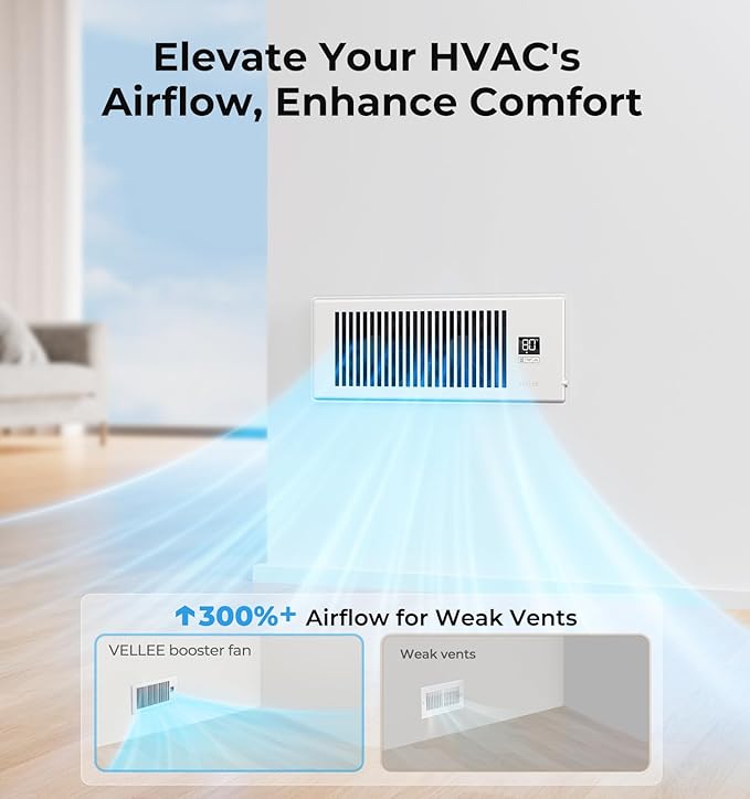 VELLEE Quiet Register Booster Fan Fits 4" x 12", 10-Speed Smart Heating Cooling - Image 8