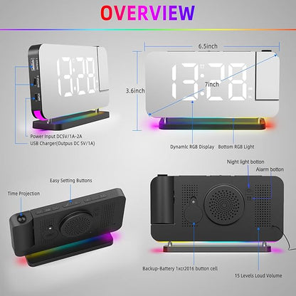 Projection Alarm Clock for Bedroom Ceiling, RGB Digital Clocks Radio - Image 6