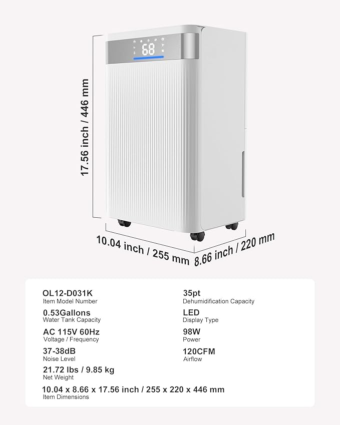 VEVOR 35 Pints Dehumidifier for Home & Basement, 2500 Sq.Ft Coverage, Drain - Image 7