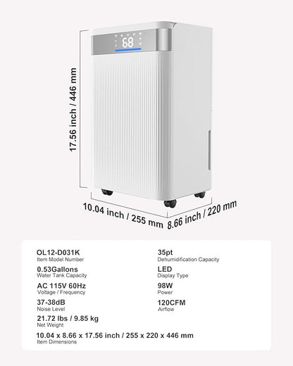 VEVOR 35 Pints Dehumidifier for Home & Basement, 2500 Sq.Ft Coverage, Drain - Image 7