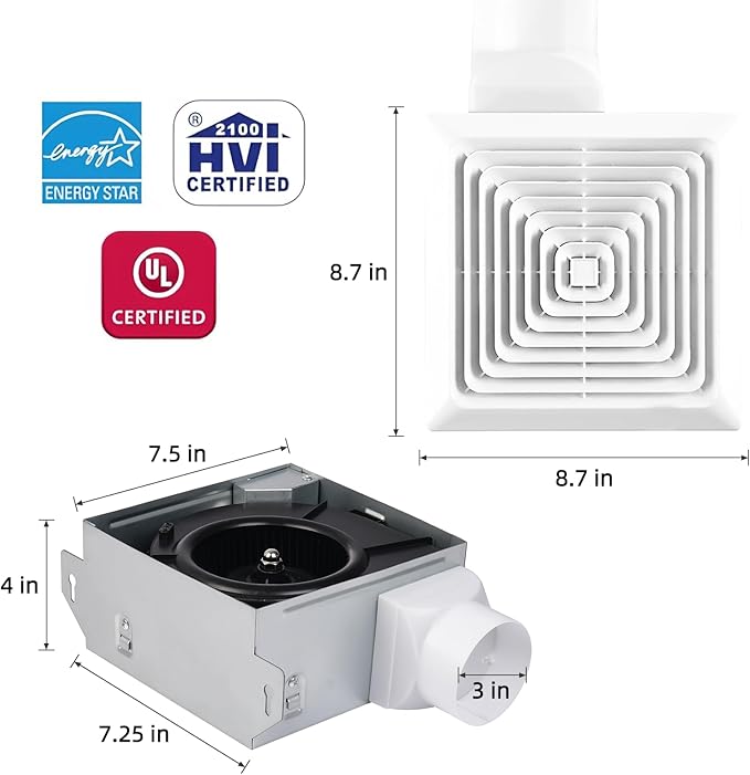 Bathroom Exhaust Fan 70CFM 2.0Sone, 3-Inch Duct, Energy Star Certified - Image 3