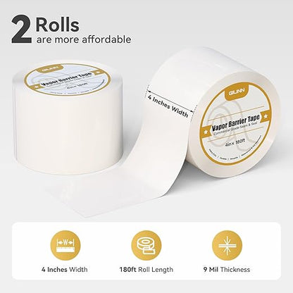 Vapor Barrier Tape 2 Rolls, 9 mil White polyethylene Tape, Moisture Sealing and - Image 2
