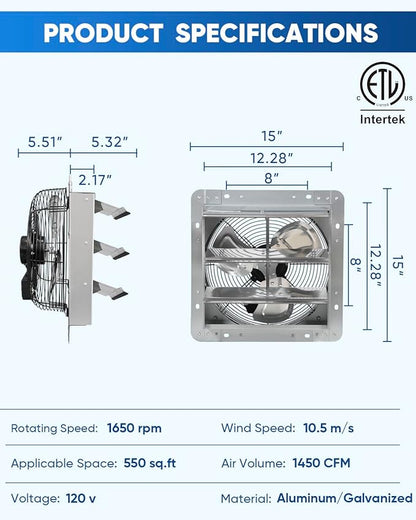 KEN BROWN 12 Inch Shutter Exhaust Fan Wall Mounted, Aluminum - Image 2