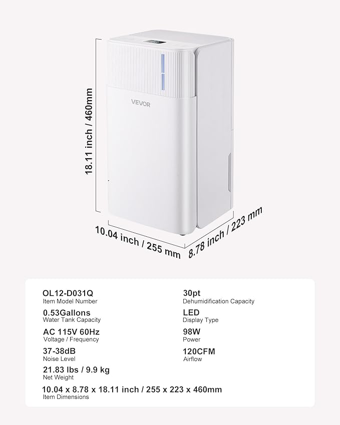 VEVOR 30 Pints Dehumidifier for Home & Basement, 1500 Sq.Ft Large CoverageDrain - Image 7