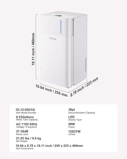 VEVOR 30 Pints Dehumidifier for Home & Basement, 1500 Sq.Ft Large CoverageDrain - Image 7