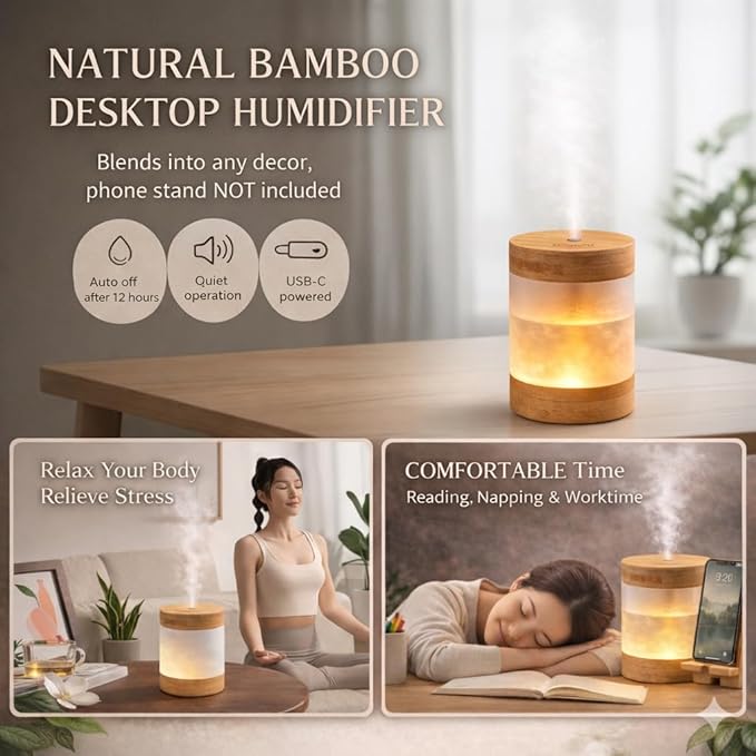 Bamboo Ultrasonic Mini Humidifier, 400ml Quiet Desktop Humidifier - Image 3
