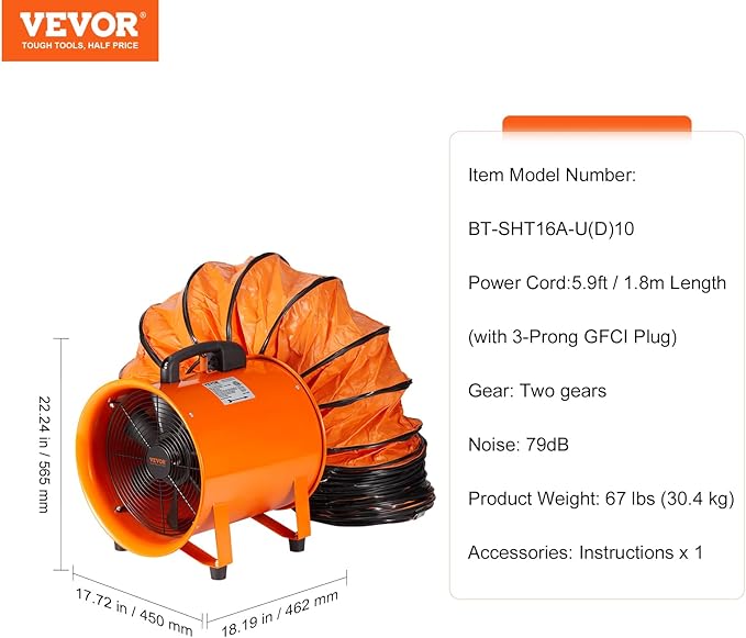 VEVOR 16 Inch Utility Blower Fan, 2 Speed 5175 CFM Heavy Duty Cylinder Axial - Image 6