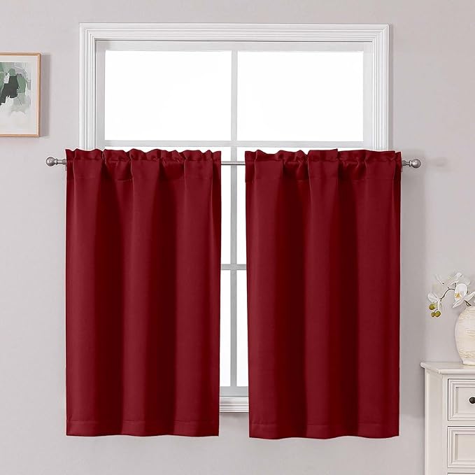 Chyhomenyc Short Red Curtains 45 Inch Length, Small Kitchen Curtain Rod Pocket by Chyhomenyc