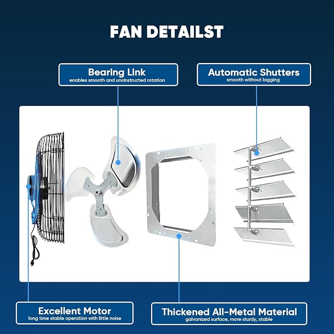 KEN BROWN 20 Inch Shutter Exhaust Fan, Gable Vent Fan, Wall Mount Ventilation - Image 4