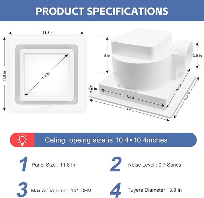 Bathroom Exhaust Fan with Light, 11.8 In Panel, 6000K 12W Square LED, 141 CFM - Image 2