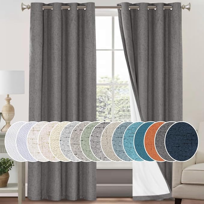 PrinceDeco 100% Blackout Linen Curtains 84 inch Long Thermal Insulated Curtains by PrinceDeco