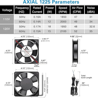 GDSTIME 120mm x 25mm 110V 115V 120V AC Powered Fan Dual Ball Bearing - Image 6