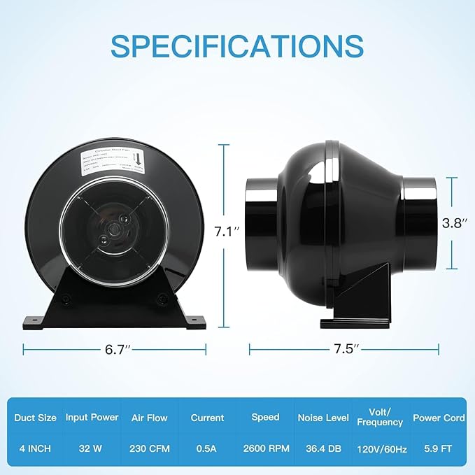 iPower 4 Inch 195 CFM Inline Fan Circulation Vent Blower, Upgrade 4" Air Carbon - Image 4