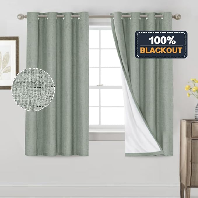 PrinceDeco Linen Texture Curtains 100% Blackout Curtains 64 inch Long 2 Panels - Image 6