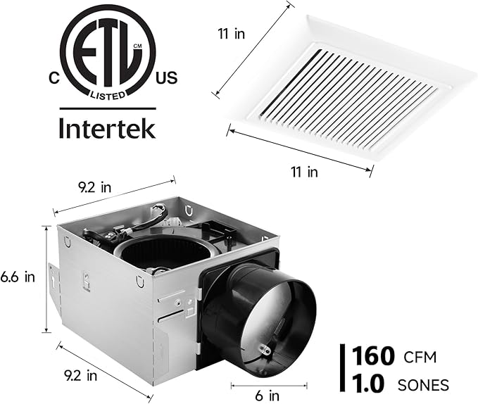 Bathroom Exhaust Fan 160 CFM 1.0 Sone, 6 Inch Duct, Quiet Energy Saving - Image 4