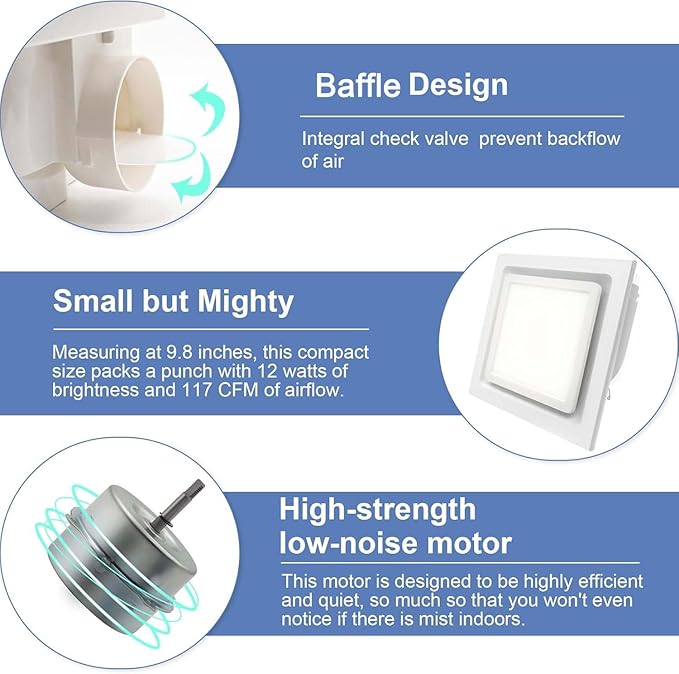 Bathroom Exhaust Fan with Light, 9.8 in Panel, 6000K 12W Square LED, 117CFM 0.7 - Image 5