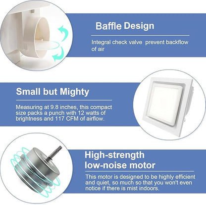 Bathroom Exhaust Fan with Light, 9.8 in Panel, 6000K 12W Square LED, 117CFM 0.7 - Image 5