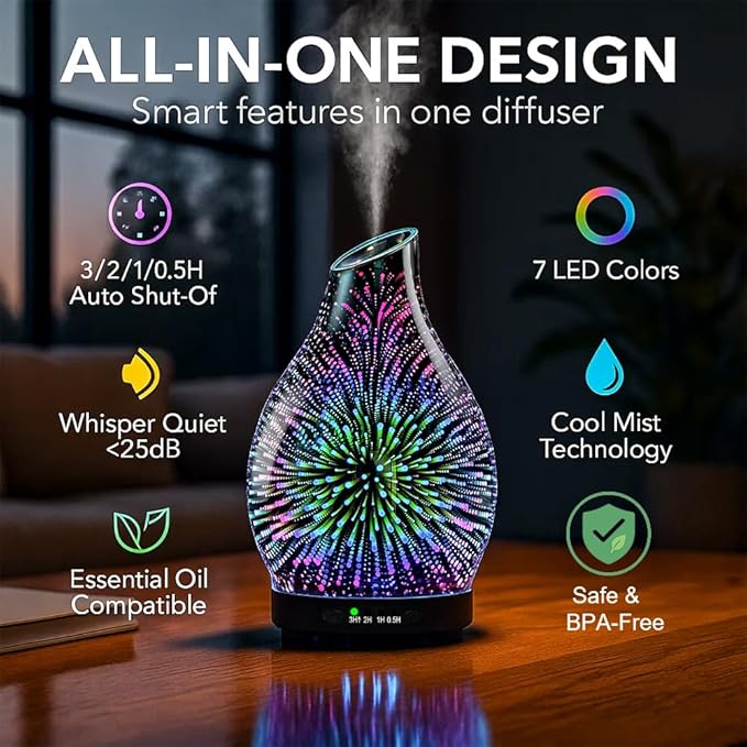 120ML Essential Oil Diffuser, 3D Glass Aromatherapy Diffuser - Image 3