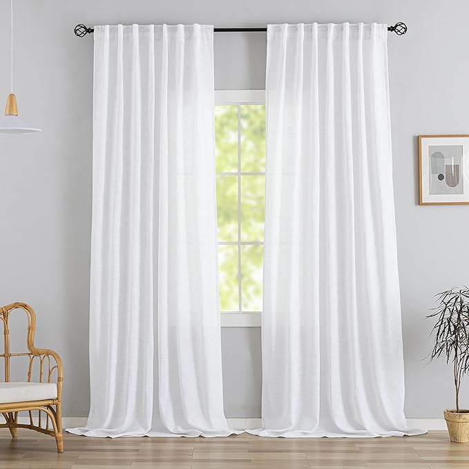 DONREN White Linen Back Tab Curtains 112 Inches Extra Long Ceiling to Floor by DONREN