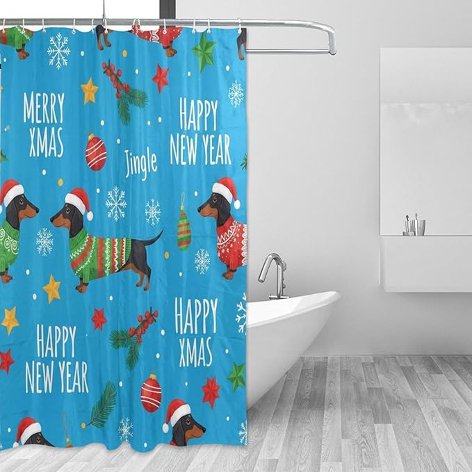 Christmas Santa Dog Blue Shower Curtain Liner 72×72 inch by Unknown