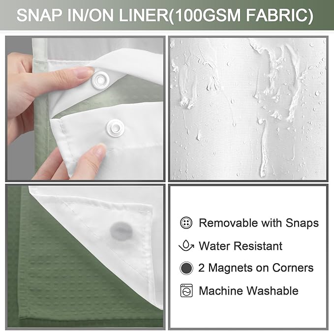 No Hook Shower Curtain and Liner Set, Ombre Green Hotel Waffle Shower Curtain - Image 3