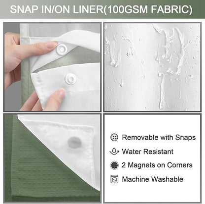 No Hook Shower Curtain and Liner Set, Ombre Green Hotel Waffle Shower Curtain - Image 3