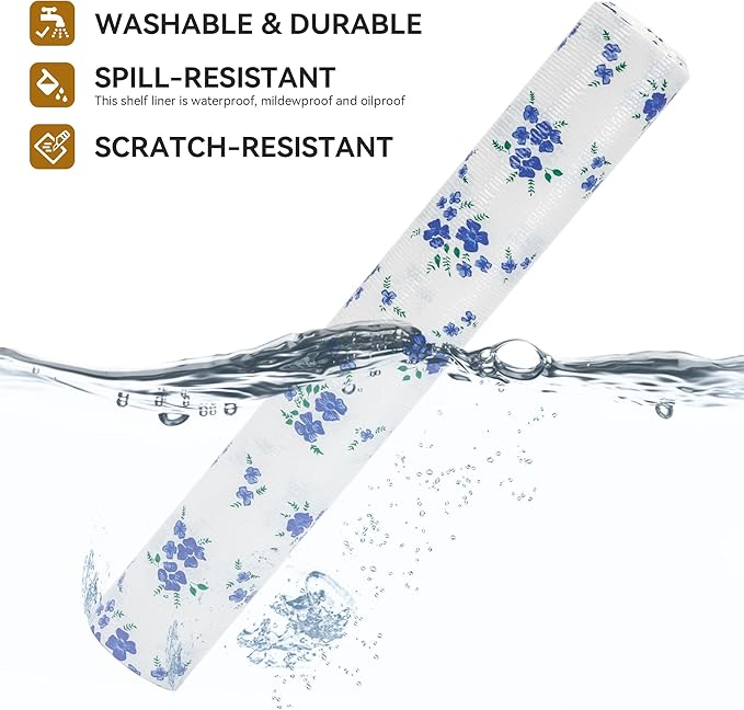 RAY STAR Shelf Liner, Non Adhesive Blue Floral Printed Kitchen Cabinet Liner - Image 2