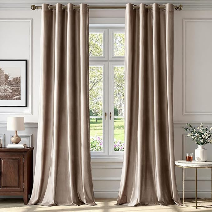 BULBUL Taupe Velvet Curtains 102 inches Long: Luxury Elegant Living Room Curtain by ModernShinyVelvetCurtains